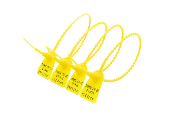 Bild på fyra gula långa plastsigill